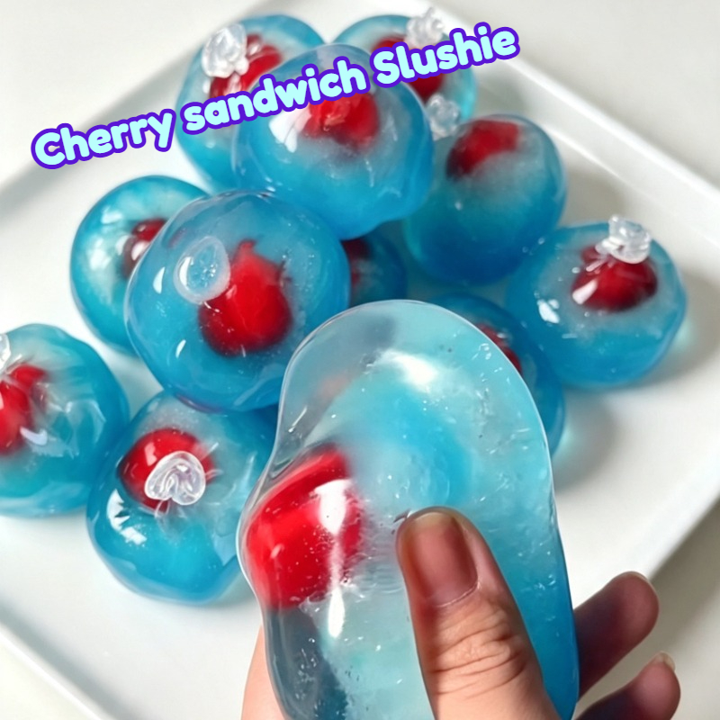 Party Games Questions - ลูกบอลบีบคลายเครียดรูปแซนด์วิชเชอร์รี่ บีบแล้วคืนรูปช้า ไม่เด้ง ของเล่นบีบมีเสียงแตก ASMR สำหรับผ่อนคลายความกังวล
